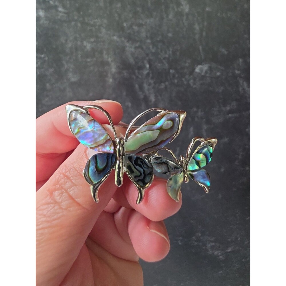 Silver Tone Metal Abalone Shell Butterfly Shaped Brooch Vintage Costume Jewelry